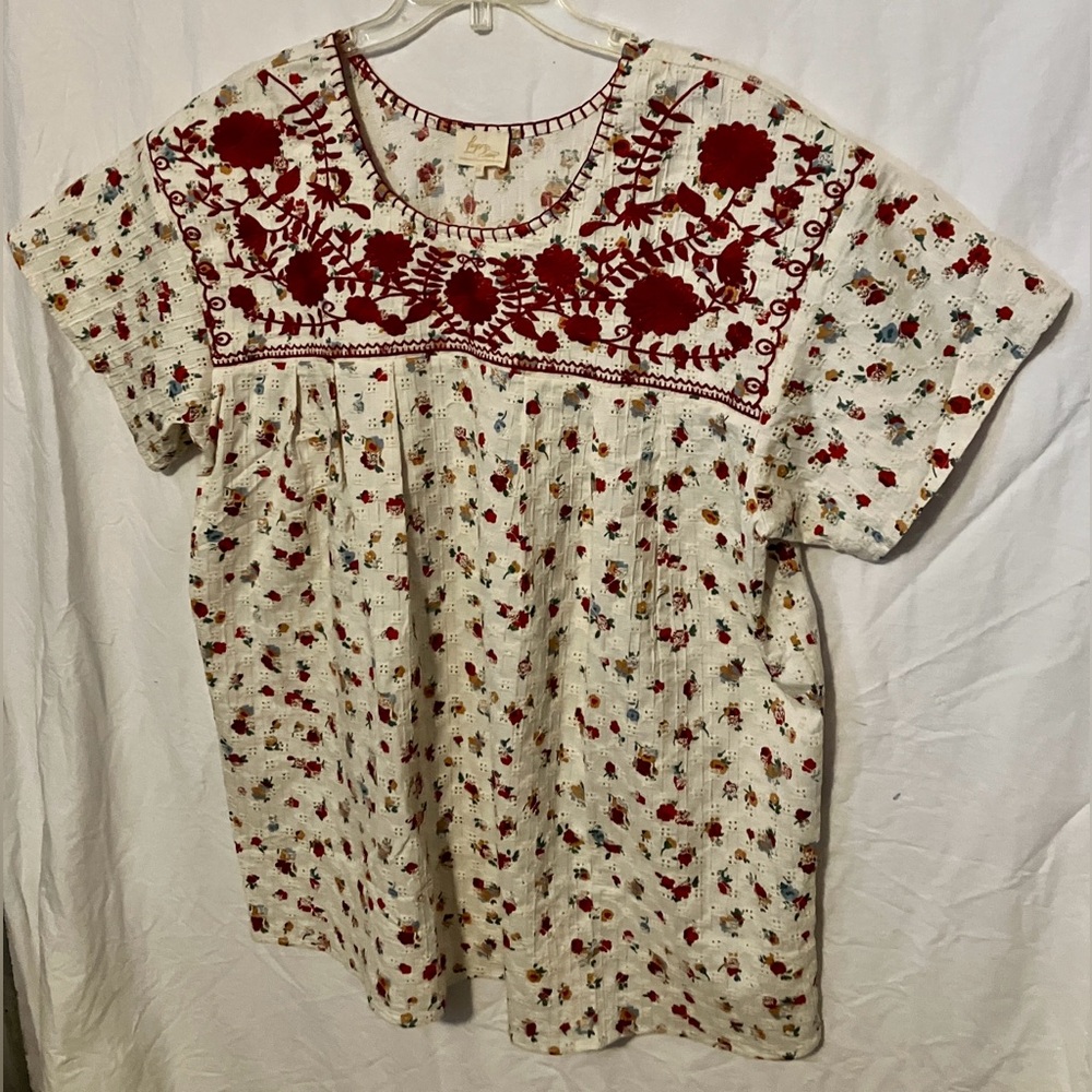 Embroidered Floral Blouse - Cream and Red